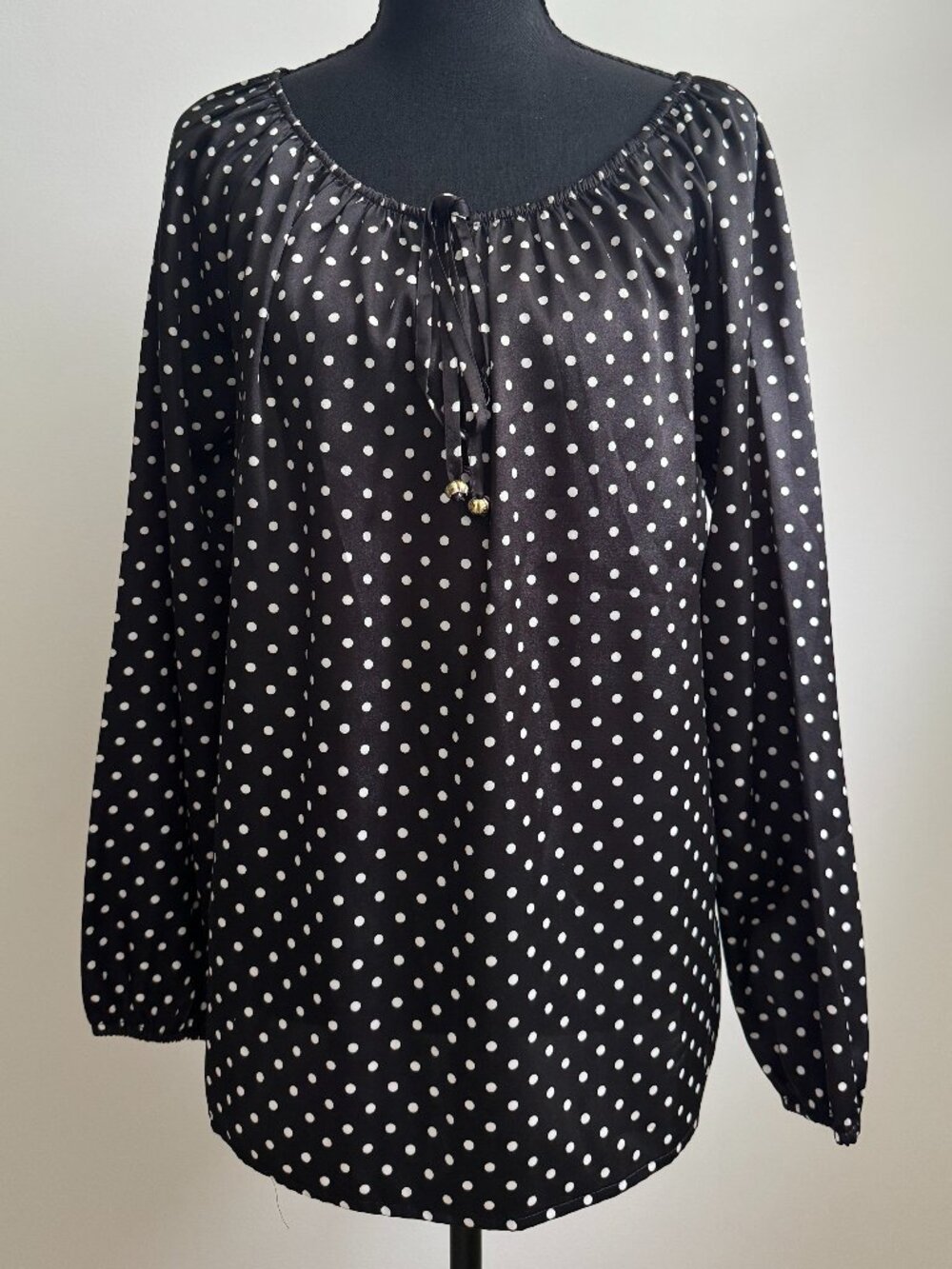 Quintessential Polka Dot Peasant Blouse Size S Black White Satin Long Sleeve